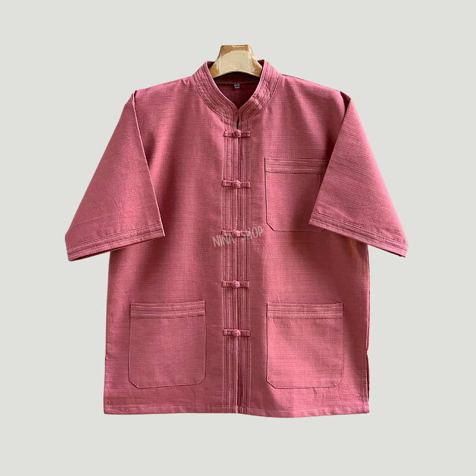 เสื้อคอจีนผ้าฝ้ายชินมัย ไทยองแขนสั้น เดินเส้นแนวล้านนา โบราณ งานประยุกต์สมัยใหม่ โดดเด่นมีเอกลักษณ์ สวมใส่สบาย