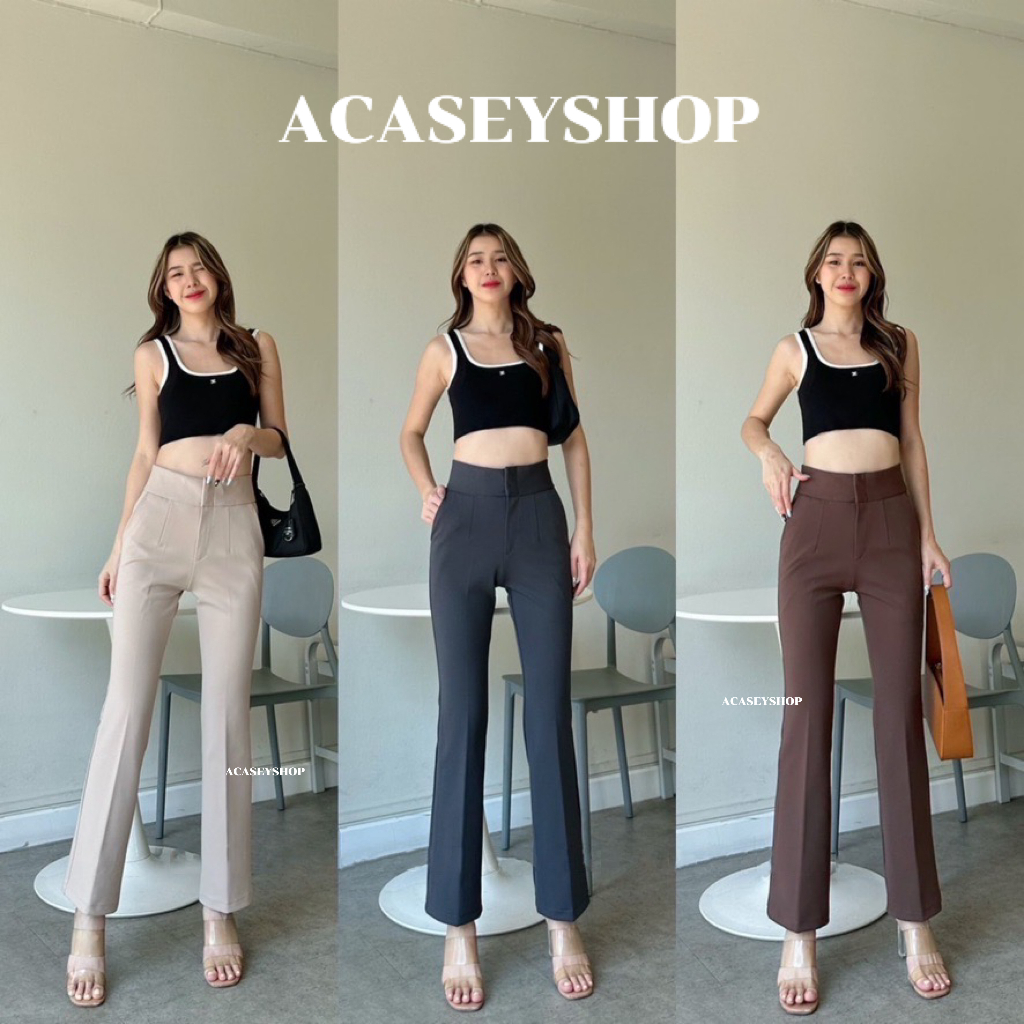 Acasey กางเกงขายาวผู้หญิง ขาม้า ผ้าโรเชส ตะขอหน้า ดีเทลขอบ2.5นิ้ว ไซส์ S - XL sure👍