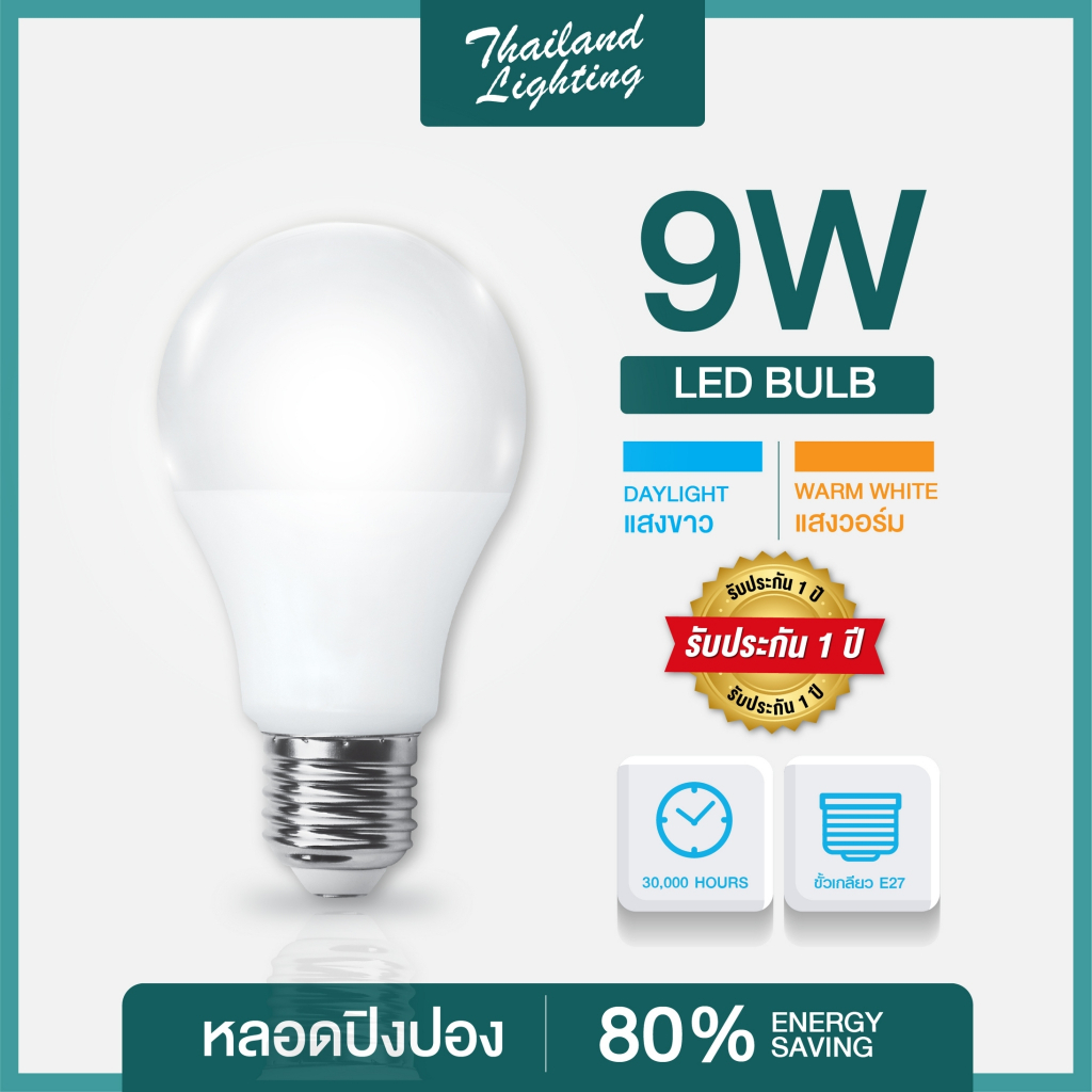 หลอดไฟ LED Bulb 9W ขั้วเกลียวE27 แสงขาว แสงวอร์ม Thailand Lighting หลอดไฟแอลอีดี ใช้งานไฟบ้าน 220V l