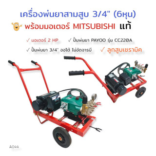 เครื่องพ่นยา 3 สูบ 3/4" PAYOO รุ่น CC220A พร้อมมอเตอร์  มอเตอร์ MITSUBISHI 2 HP (A044) เครื่องฉีดน้ำแรงดันสูง