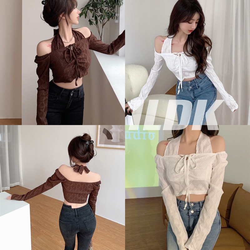 1LDK พร้อมส่ง เสื้อครอปแขนยาว เปิดไหล่ ดีเทลผูกโบว์ผูกคอ (11220)