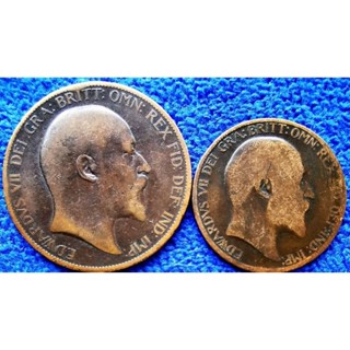 เหรียญ​อังกฤษ​อายุ​100​กว่า​ปี​ UK, 1​ Penny, (ยุค​Edward), ปีเดียวกัน​จับคู่​มา​2​เหรียญ, #​2737T, ใช้แล้ว