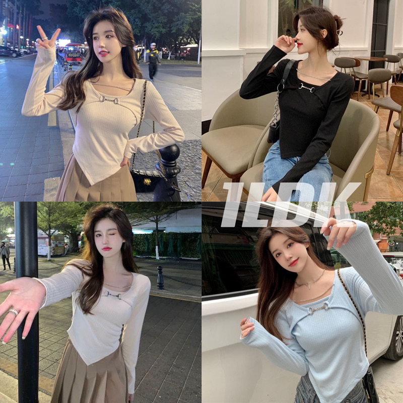 1LDK พร้อมส่ง เสื้อยืดไหมพรมแขนยาว ดีเทลด้านหน้า สไตล์เกาหลี(56107)