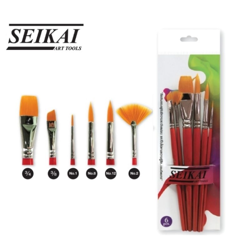 Seikai ชุดพู่กันสีน้ำ 6 ด้าม ชุดรวมพู่กันขนไนล่อน ด้ามไม้เคลือบ SE6-JN4