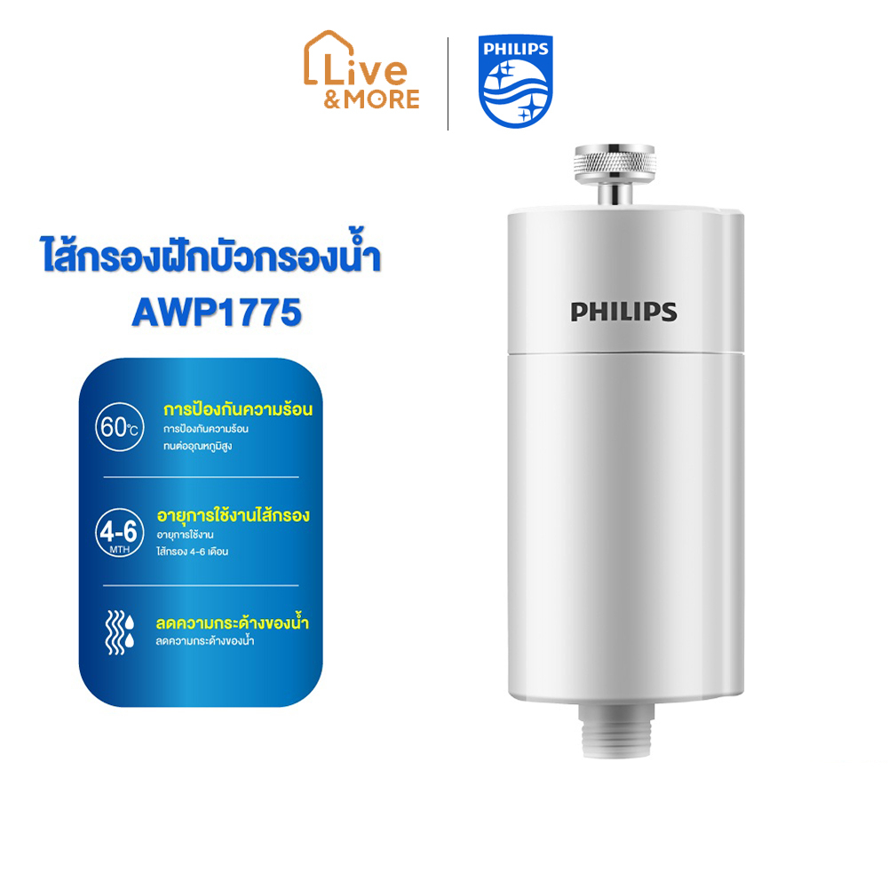 Philips เครื่องกรองน้ำสำหรับฝักบัวอาบน้ํา ใส้กรองน้ำ Filter ลดคลอรีน 99% รุ่น AWP1775WH