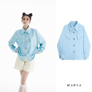 MANSA blue oversized shirt เสิ้อเชิ้ตผู้หญิง เสื้อเชิ้ตแขนยาว เสื้อเชิ้ตสาวอวบ