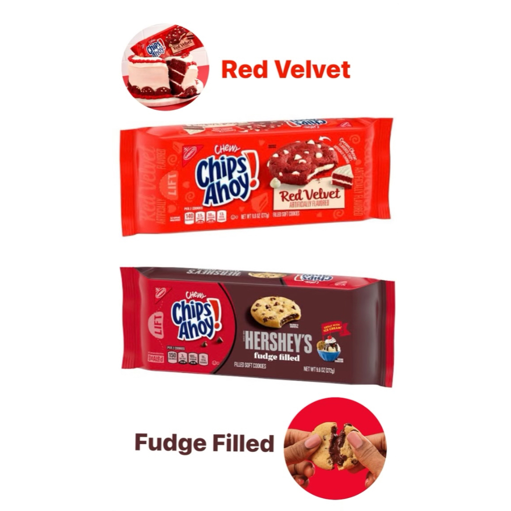 คุกกี้นำเข้าจากอเมริกา Chips Ahoy Chewy Red Velvet Cookies & Chewy Hershey Fudge Filled Chocolate Ch