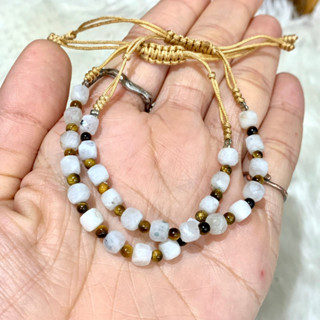 กำไลข้อมือ เชือกถัก มูนสโตน Moonstone + ตาเสือเหลือง Yellow Tigers eye เจีย หินแท้100% *ฟรีไซต์* (ราคาต่อเส้น)