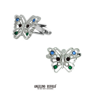 ANGELINO RUFOLO Cufflink(คัฟลิงค์) ดีไซน์ Butterfly กระดุมข้อมือคัฟลิ้งโรเดียมคุณภาพเยี่ยม สีเงิน ประดับด้วย CRYSTAL