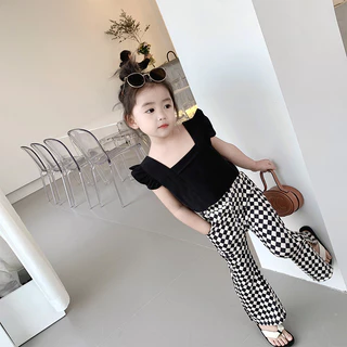 Babyonline(Y014)F2-3 (ส่งด่วน1วัน)ชุดเซ็ต2ชิ้นเสื้อแขนกุดแบบผูกโบว์โชว์หลังพร้อมกางเกงขายาวลายสก็อต ผ้าฝ้าย
