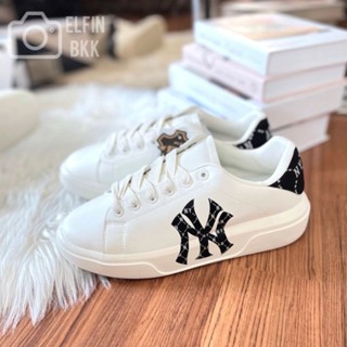 แท้ 💯 &lt;พร้อมส่ง&gt; MLB Chunky Classic heel Monogram/ mono embo -NY/B Boston รองเท้าผ้าใบ รองเท้าลำลอง สีขาว/สีดำ/สีครีม