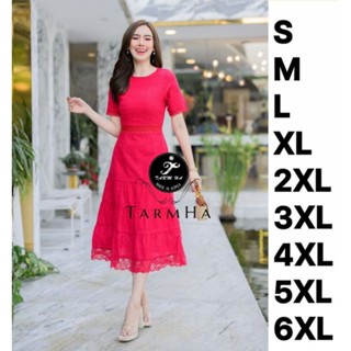 ชุดสีแดงรับตรุษจีน!!! S-6XL Dress เดรสสีแดงผ้าฉลุลายชายลูกไม้ งานป้าย Tarm Ha