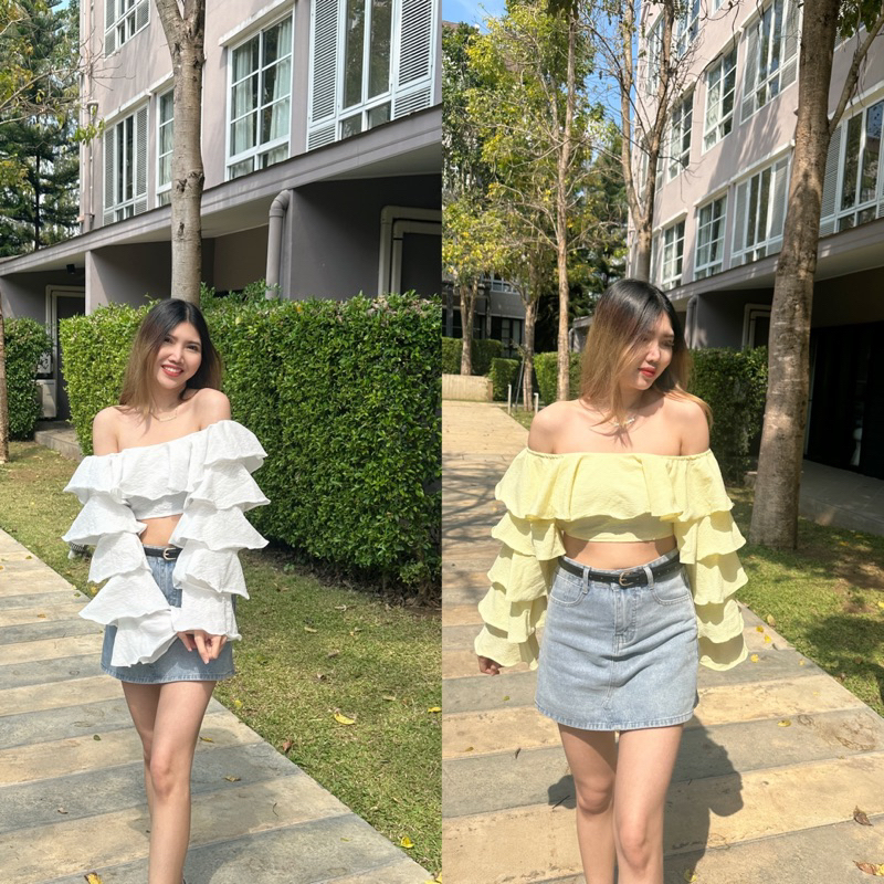 khanom chan เสื้อปาดไหล่แขนแต่งระบาย