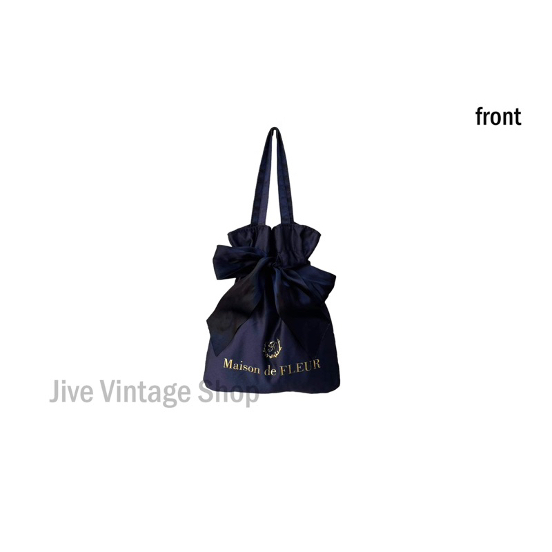 กระเป๋า Maison de FLEUR ribbon mini bag ใบเล็ก ถือได้อย่างเดียว ผ้าซาตินสีน้ำเงินผูกโบว์ด้านหน้า มือสองตู้ญี่ปุ่น