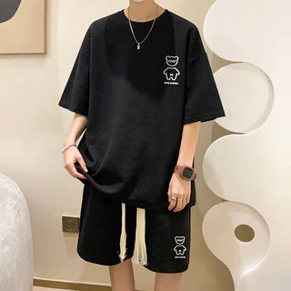 เสื้อยืดสูทผู้ชาย + กางเกงขาสั้นทรงหลวมขนาดใหญ่ชุดลำลอง 2 ชิ้น