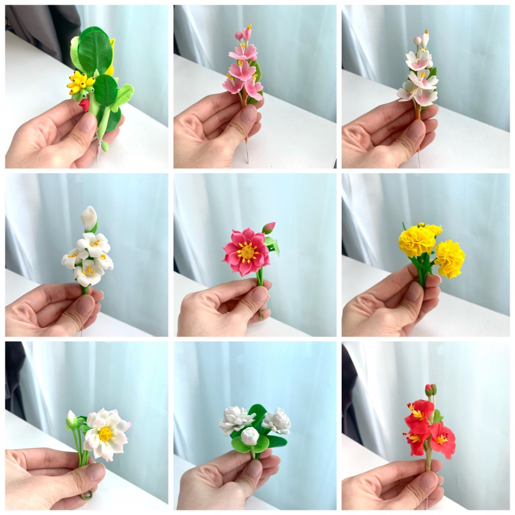 (มีเเจกันขาย) ดอกไม้ ดอกไม้ช่อ ดินปั้น ชบา ดาวเรือง บัว ซากุระ กล้วย E14