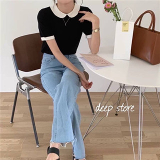 Mini Girl Top เสื้อไหมพรมสีดำแขนสั้น แต่งปกเล็กสีขาว ตัดกับสีของตัวเสื้อ