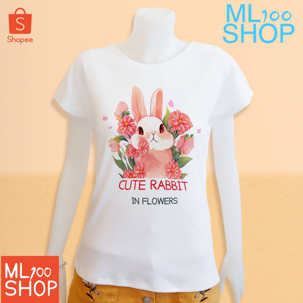 เสื้อยืดลาย กระต่าย ผ้า TK พิมพ์ลายลงในเนื้อผ้า - ML100SHOP (คอปาด)
