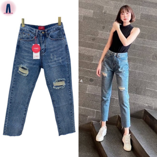 YME jeans กางเกงยีนส์เอวสูงทรงกระบอกเล็กสียีนส์ฟอกแต่งขาด สาวตัวเล็ก150-155cmใส่ได้ #2991 jeansdede