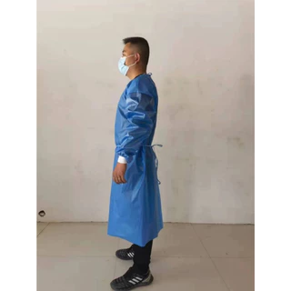 ISOLATION GOWN PP+PE เสื้อกาวน์กันน้ำ แขนจั๊มพ์ยางยืด ป้องกันสารคัดหลั่ง สีน้ำเงิน 50แกรม เคลือบกันน้ำ แพค1ต่อ1