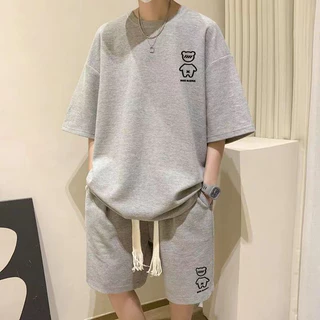 เสื้อยืดสูทผู้ชาย + กางเกงขาสั้นทรงหลวมขนาดใหญ่ชุดลำลอง 2 ชิ้น