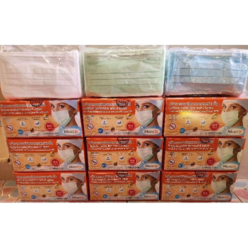 หน้ากากอนามัย  Maxxlife Mask แบบยกลัง 20 กล่อง มี 3 สี เขียว ขาว ฟ้า