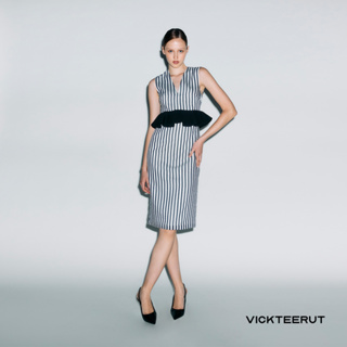 VICKTEERUT Re-Edition V-Neck Sleeveless Sheath Dress with Frill Detail เดรสแขนกุด เข้ารูป คอวี ลายทาง ตกแต่งระบาย