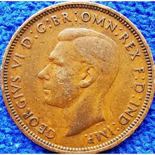 เหรียญ​สหราช​อาณาจักร​ UK, 1​/2 Penny, (ยุค​George​VI), #​2742T, ใช้แล้ว