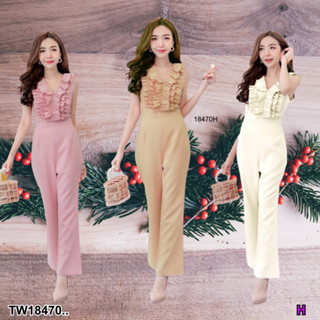 MF18470  Jumpsuit จั้มสูทขายาว แขนกุด แต่งระบายสายลงมาถึงอก ขาจั้มทรงกระบอก งานผ้าซาร่าทั้งชุด มีซิปหลัง พร้อมส่ง  เนื้อ