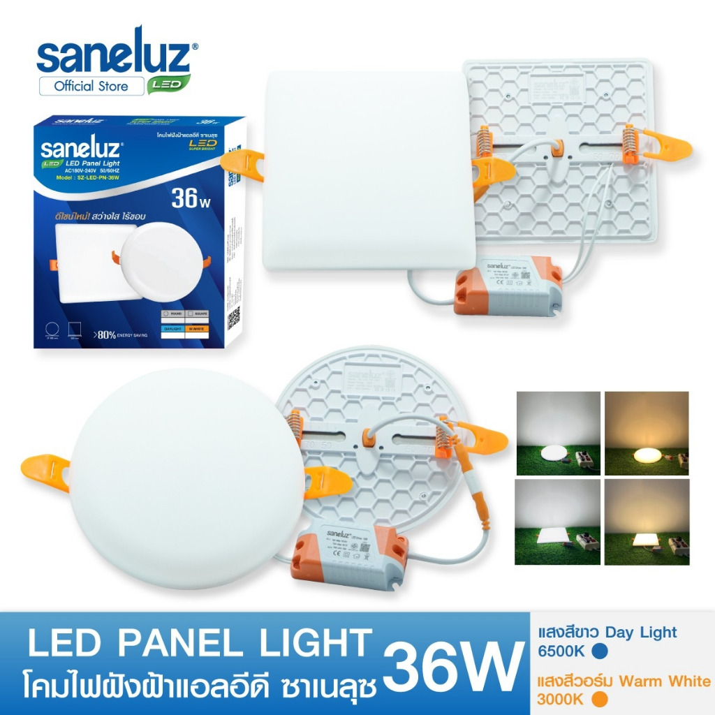 Saneluz รุ่นไร้ขอบ โคมไฟฝังฝ้า ขนาด 36W ทรงกลม และ ทรงเหลี่ยม แสงขาว/แสงวอร์ม โคมพาแนลโคมไฟเพดาน led