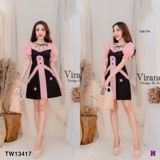 MM13417 เดรสสั้นแขนพอง คอผูกโบว์ ตัดต่อผ้าลายสก็อต กระโปรงติดดอกไม้Short dress with puff sleeves, bow tie neck, cut in S