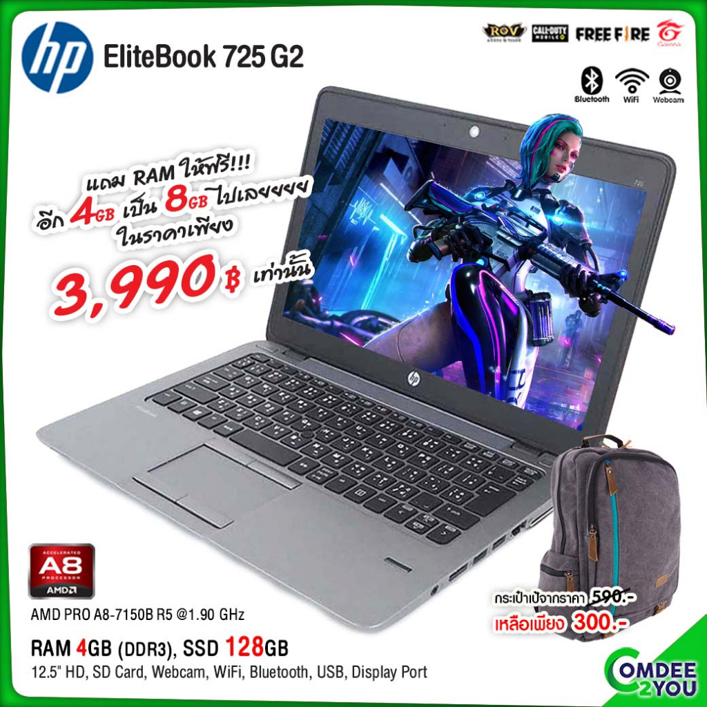 โน๊ตบุ๊ค HP EliteBook 725 / RAM 8 GB, SSD 128-256GB, Webcam, SD Card, USB, WiFi-Bluetooth สภาพดี By comdee2you
