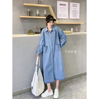 🌈🌿🌸🌺🌼💙🇰🇷 Jeans Maxi Dress Shirt Pocket Long Sleeve