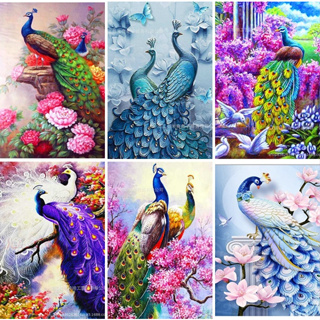 (พร้อมส่ง) ภาพติดเพชร นกยูง ครอสติสคริสตัล diamond painting  ภาพวาดเพชร Colorful Peacock ศิลปะ DIY 5D