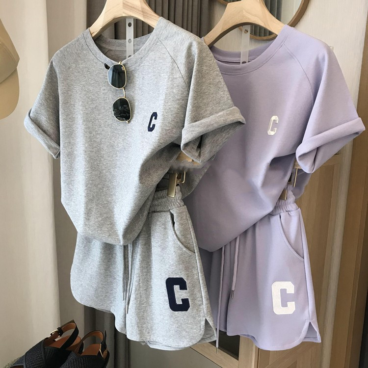 no.1ชุด 2 ชิ้น, เสื้อเด็กหญิงอวบ, 2 สี, แขนสั้นฤดูใบไม้ผลิใหม่ผู้หญิงชุดกีฬาที่เดินทางมาพักผ่อนทำงานเนื้อดี, ผ้า, ราคาถู