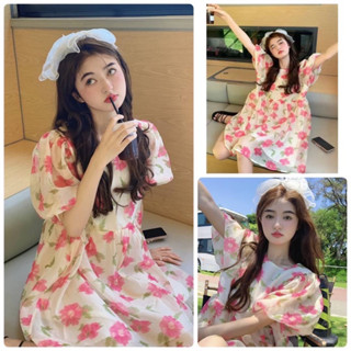 เดรสสั้นลายดอกกุหลาบสีชมพู แขนตุ้กตางานดอลลี่