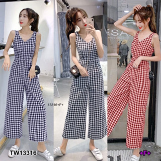 TW13316 Jumpsuit จั้มสูทแขนกุด ขายาวผ้าทอลายสก็อตขากระบอก มีกระเป๋าล้วง มีซิปหลัง พร้อมส่ง