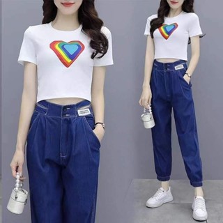 ชุดเซต เสื้อ กางเกงยีนส์ขาจั๊ม ผ้านุ่ม น่ารักมากๆใส่สบาย