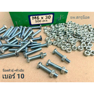 สกรูน็อตตัวผู้+ตัวเมียมิลขาวเบอร์ 10# M6x30mm เกลียวตลอด 1.00 mm น็อตไทยยี่ห้อ TNK แข็งแรงได้มาตรฐาน ผลิตใหม่
