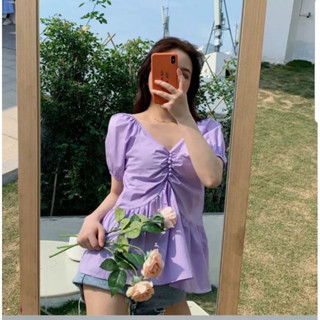 พร้อมส่ง 🌸 เสื้อสีม่วงคอวี แขนตุ๊กตา แต่งกระดุมหลอก มือ 1