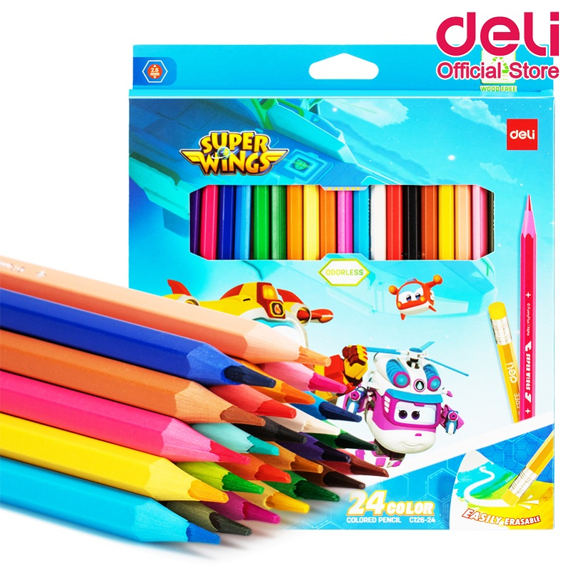 ดินสอสีไม้ลบได้ Deli สีไม้ สามารถลบได้ ลาย Super wings มี 24 สี เครื่องเขียน อุปกรณ์วาดรูป อุปกรณ์การเรียน (1 กล่อง)
