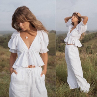 Minimal set ขุดเซ็ตมินิมอล ทรวคอวีแขนจั้มตุ๊กตา+กางเกงขาบาน