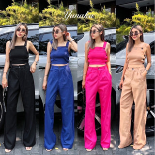 Yunaka ชุดเซ็ต 2 ชิ้น เซทเสื้อครอปสายเดี่ยว สม็อคหลัง อก 30-32” Smock Crop Top Set กางเกงขายาว เอว 24-30”