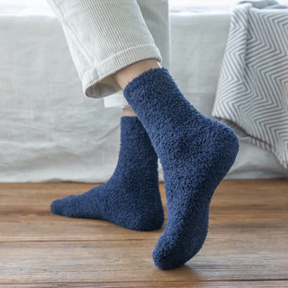 ถุงเท้ากันหนาวสีพื้นผ้าขนหนูนุ่ม ถุงเท้าใส่นอน