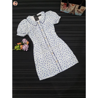 AP Style : size S เดรสสั้น สีขาวดอกน้ำเงิน แต่งกุ๊นน้ำเงิน เดินดิ้นเงิน เพิ่มความน่ารักหวานสดใส #S222
