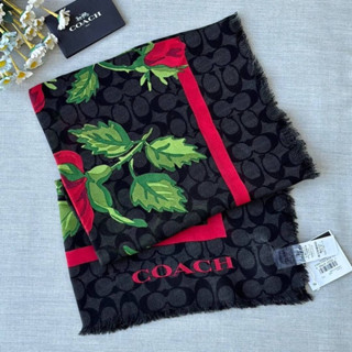 (ผ่อน0%) ผ้าพันคอ Coach Signature Fairytale Rose Print Oversized Square Scarf สีดำ ลายดอกกุหลาบ CC576 ลายซี