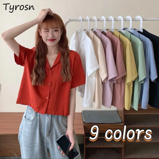 เสื้อครอป7สี เสื้อเชิ้ตหญิงคอปก กระดุมหน้าแขนสั้นรุ่นยอดฮิต ไซส์ S M L XL