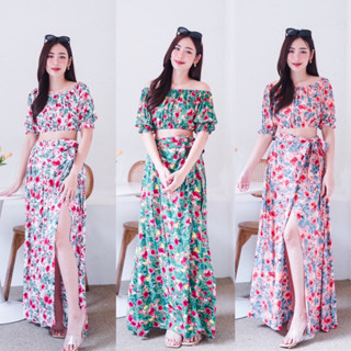 🥭ใหม่ล่าสุด🥭New Crop Top and long skirt Set เสื้อสั้นแขนตุ๊กตา+กระโปรงยาว