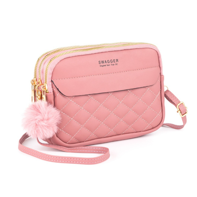 กระเป๋าสตางค์ ใบใหญ่ สะพายได้ 3 ซิป แต่งขนปอม ปอม (GC-075)