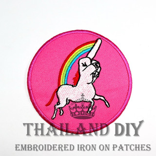 ตัวรีดติดเสื้อ ลายสัญลักษณ์ ยูนิคอร์น กวน ชูนิ้วกลาง Funny Unicorn Hand Patch งานปัก WOP DIY ตัวรีด อาร์มติดเสื้อ กางเกง